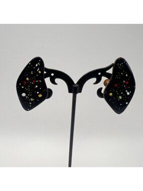 Vintage Copper Enamel Confetti Earrings Black Multicolor Screw Back MCM